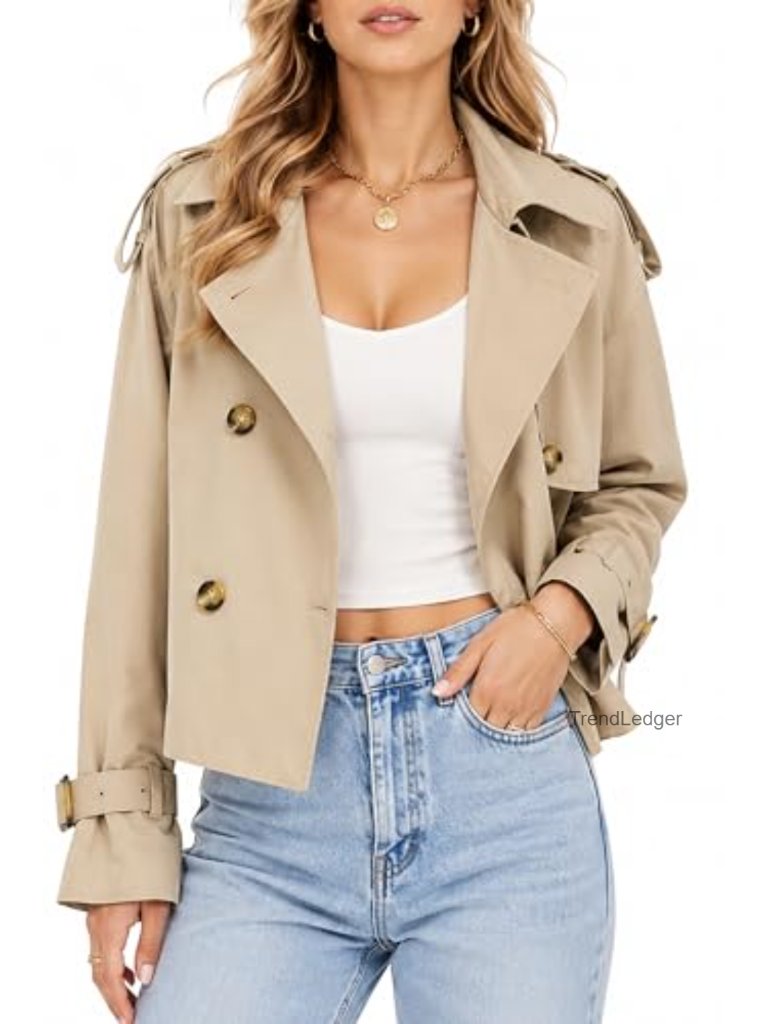 Womens Cropped Trench Coat Water Resistant Double Breasted Short Jacket